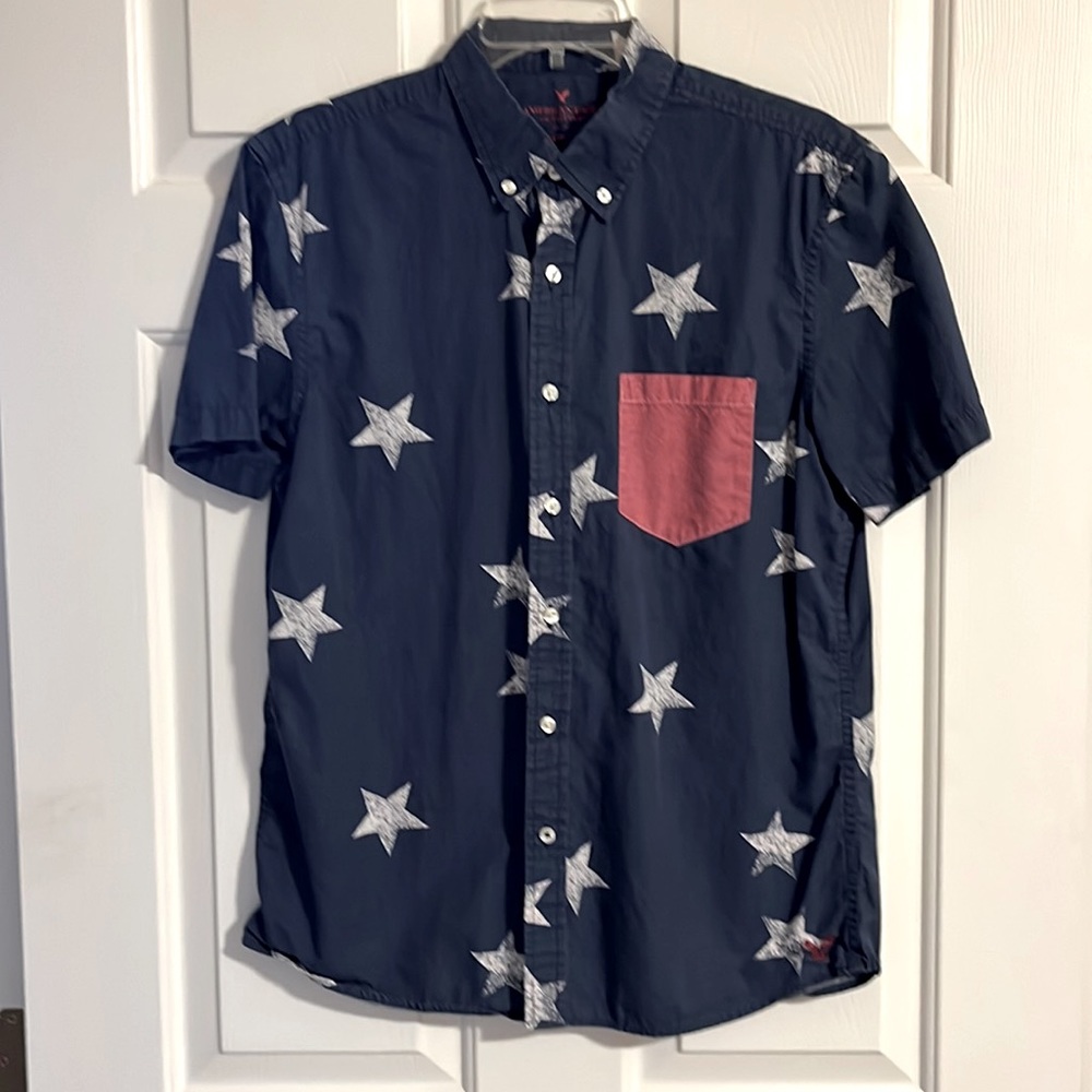 American Eagle short sleeve patriotic slim fit button down shirt M medium